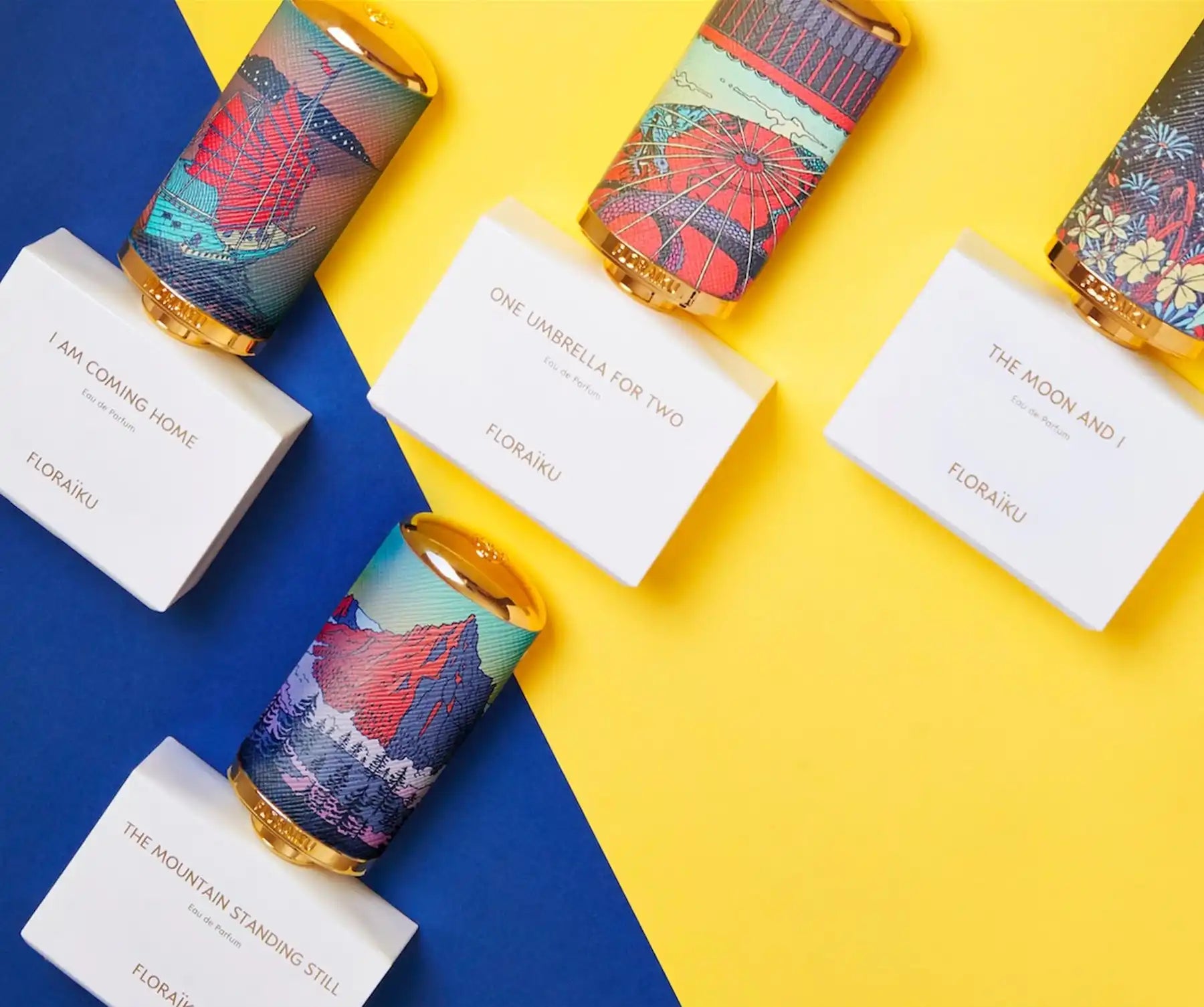Colorfully patterned beverage cans with white product cards arranged diagonally.